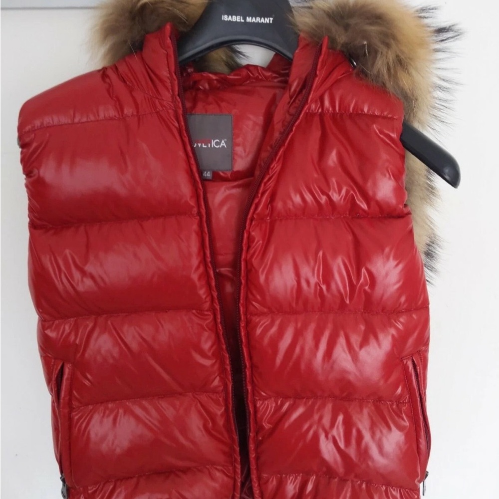 Duvetica 44 8 10 shiny Red Real Fur Puffer down Vest gilet NWT M medium
